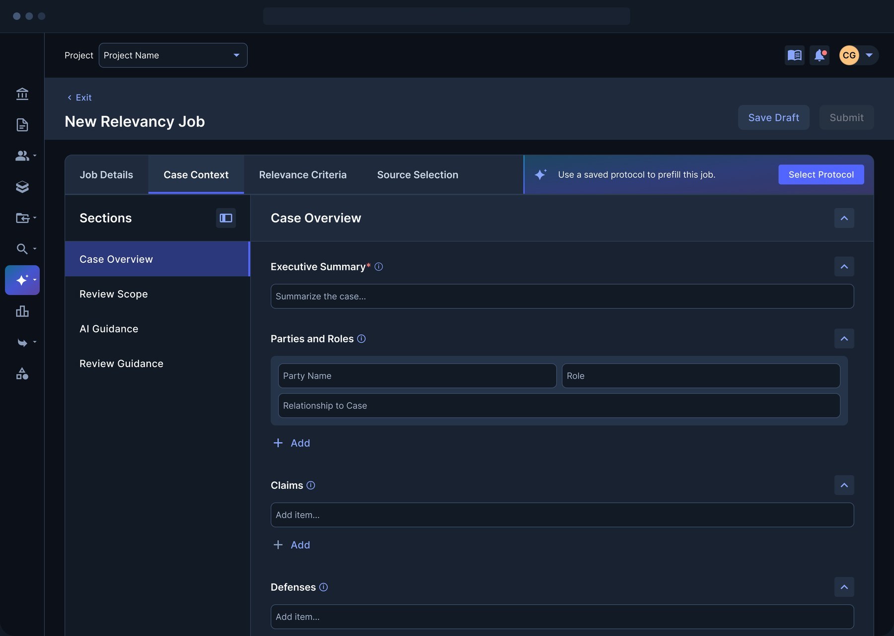 New relevancy job setup with tabs for job details, case context, relevance criteria and source selection