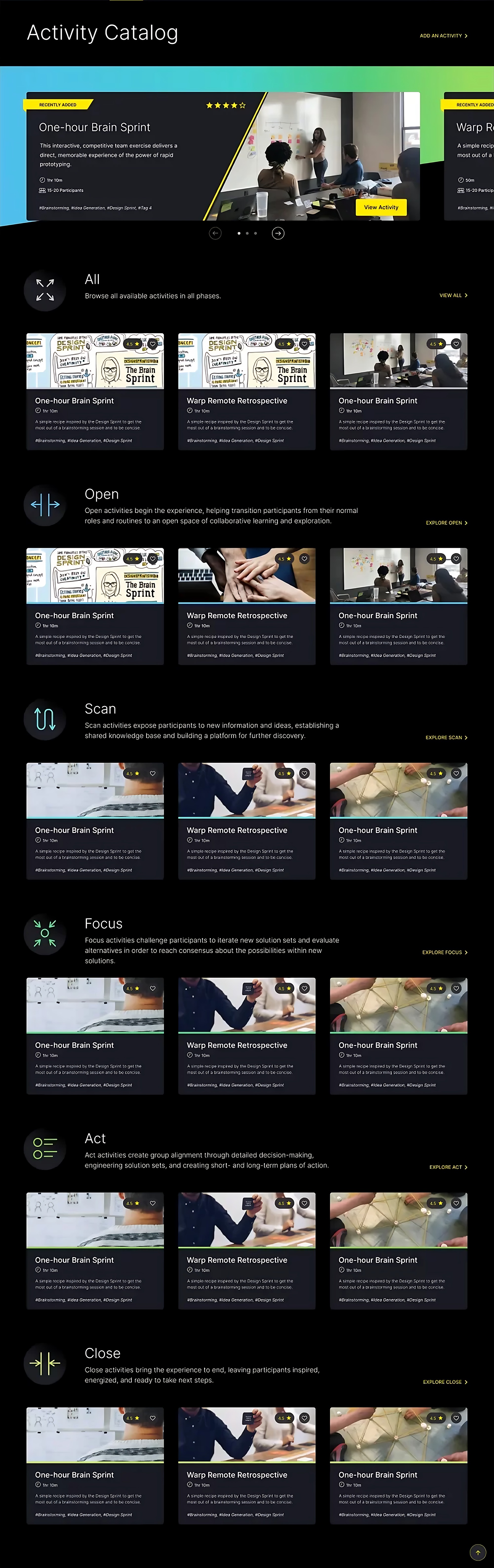 Activity catalog organized by phase: open, scan, focus, act and close, scrollable