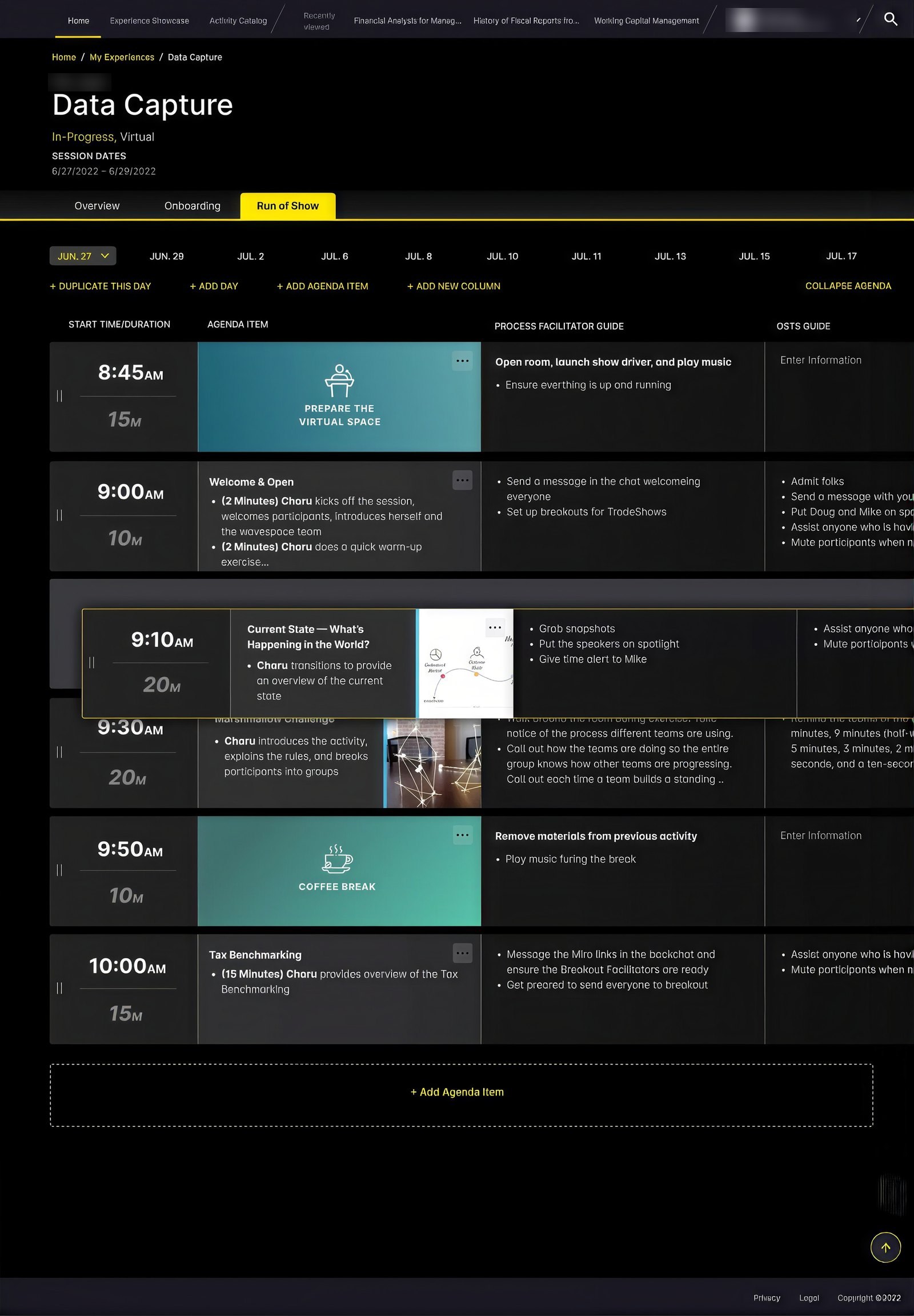 Run of show agenda with time blocks, facilitator guide and an item being dragged, scrollable