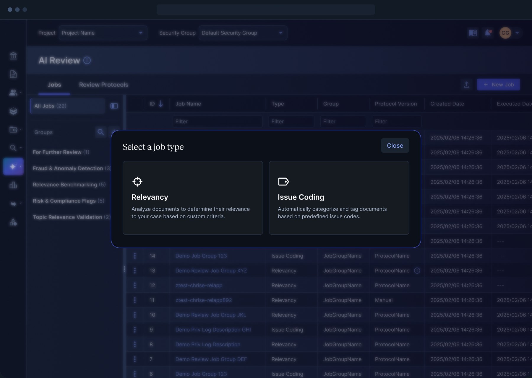 Select a job type dialog offering Relevancy and Issue Coding