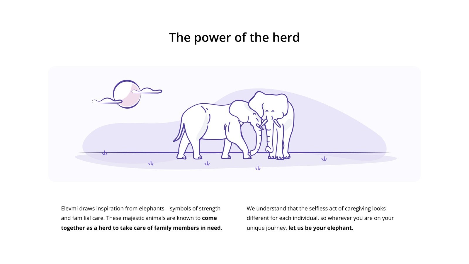 The power of the herd: two line-drawn elephants under a purple sky, with copy about elephants caring for family