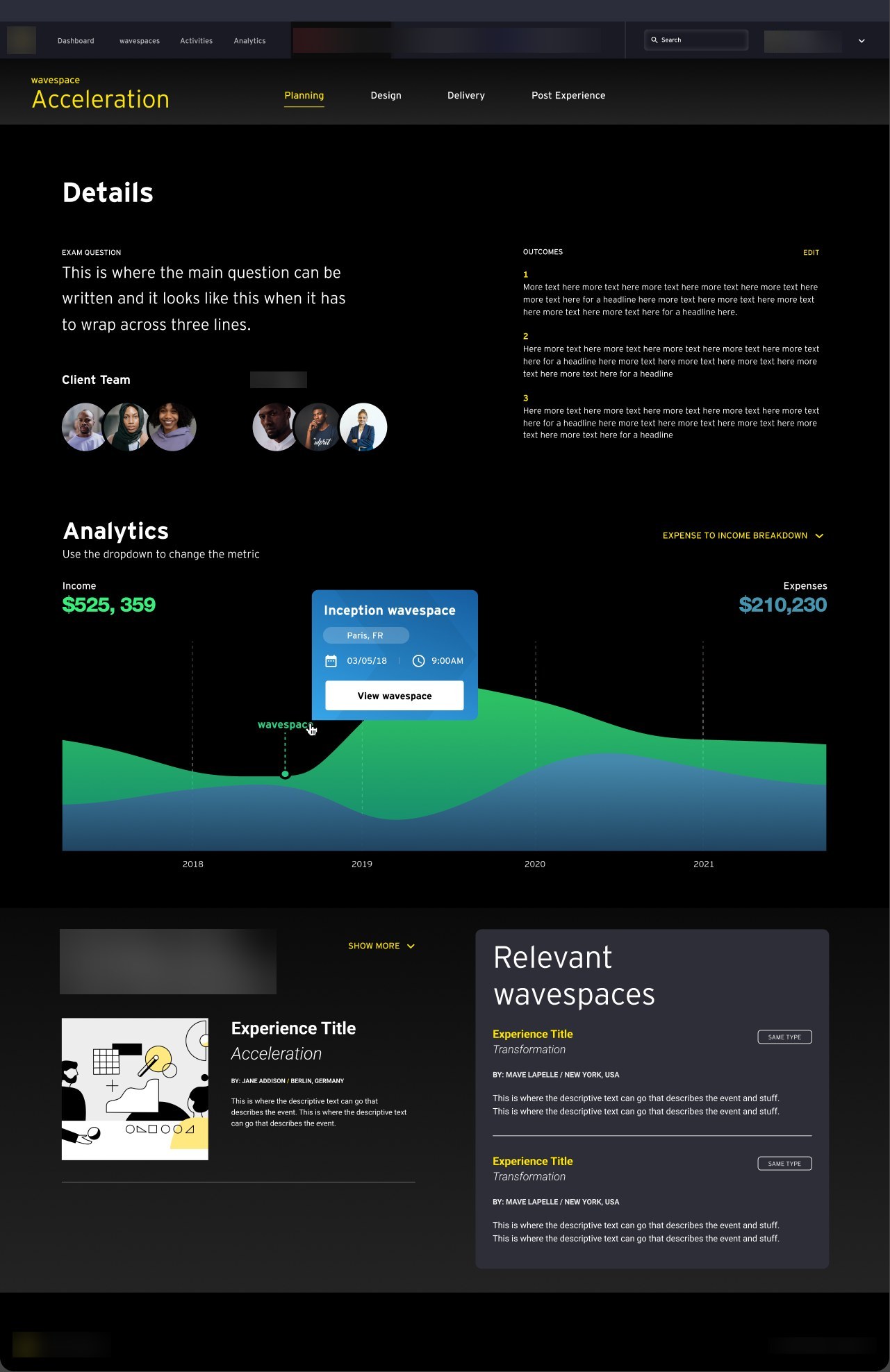 Acceleration session workspace with details, teams and analytics, scrollable