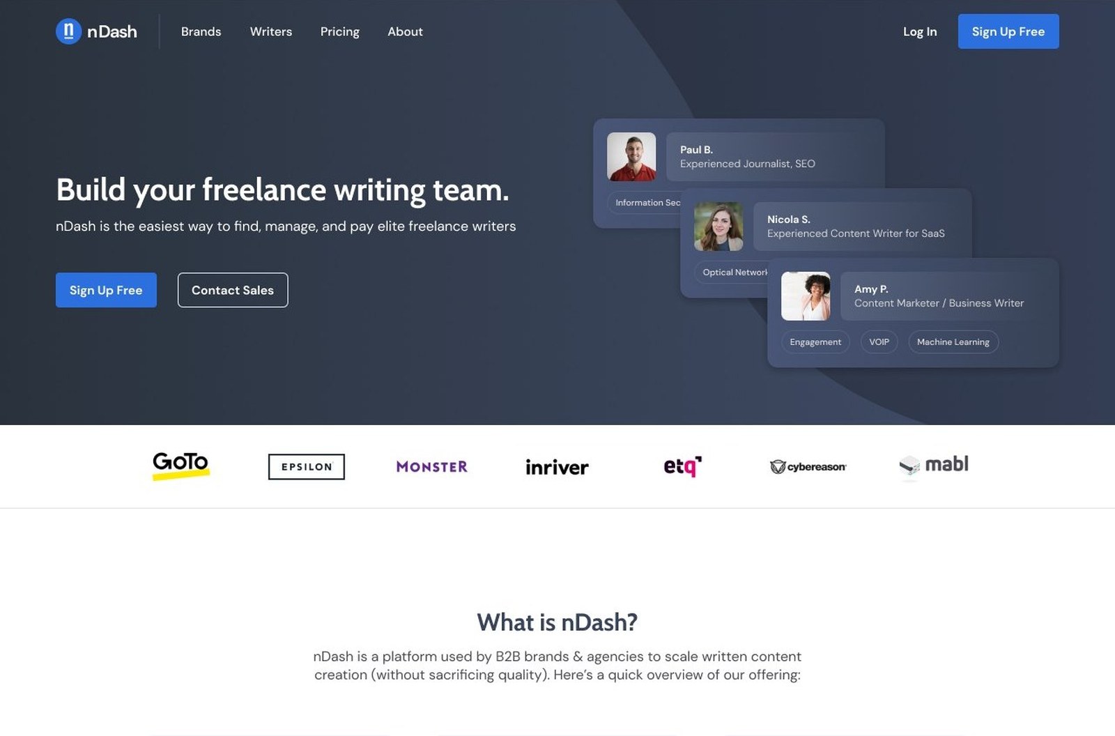 The final nDash homepage: deep slate hero with writer profiles and bright blue calls to action