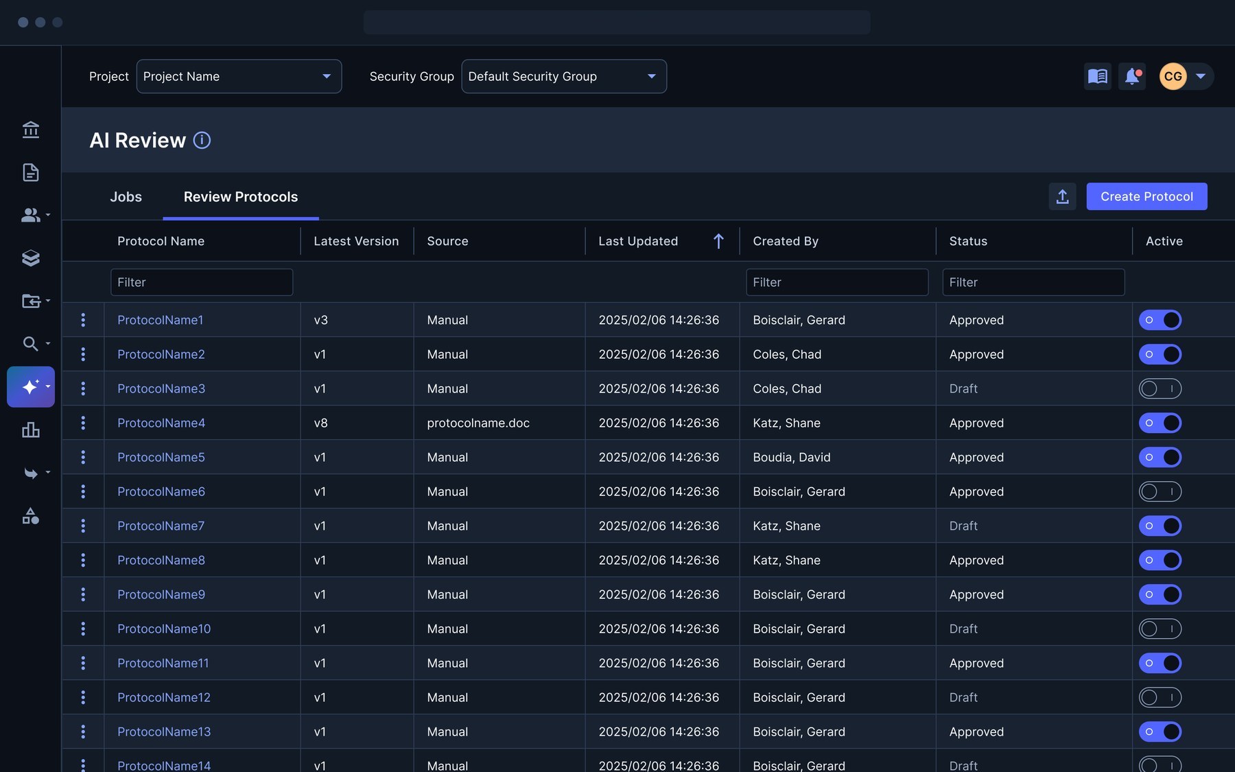 Review protocols tab listing protocols with version, source, last updated, author, approval status and an active toggle