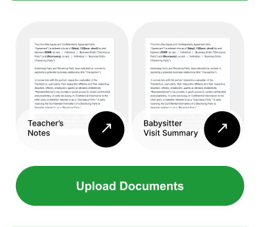 Teacher's notes and babysitter visit summary documents with an upload button