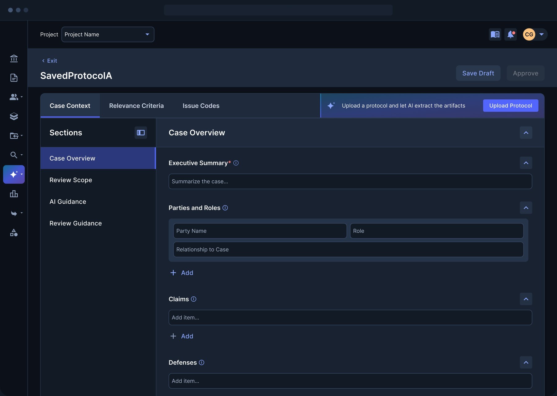 Saved protocol editor with case overview sections and an Upload Protocol button that lets AI extract the criteria