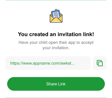 Invitation link created for the child to accept in their app