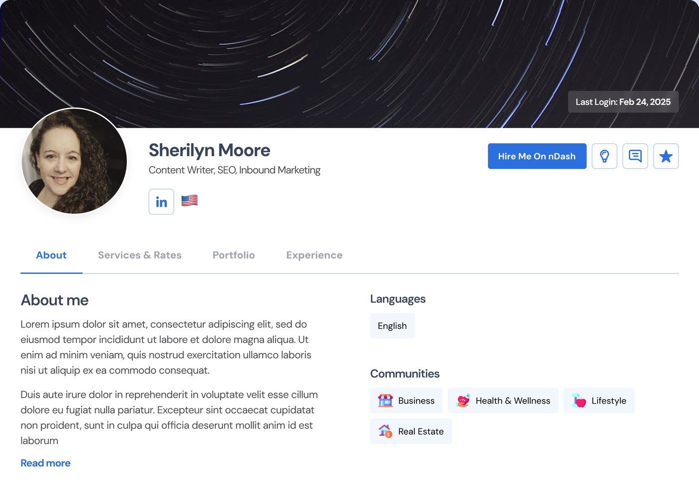 Writer profile header with photo, title, Hire Me button and about section