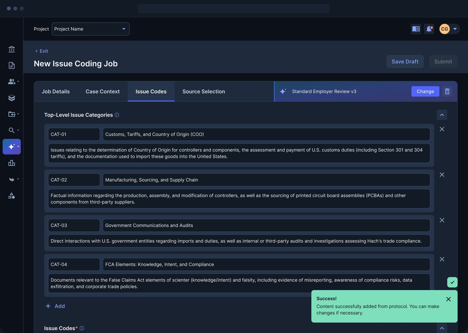 Issue coding job with issue categories prefilled from a saved protocol and a confirmation that content can be edited