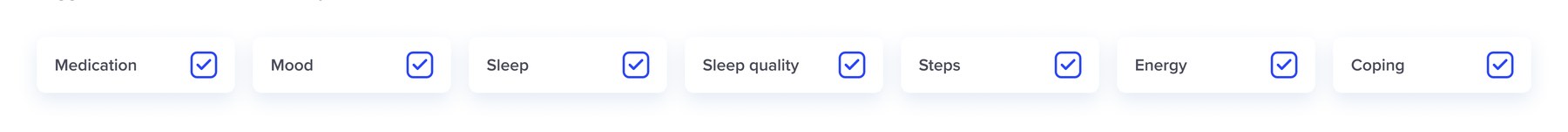 Data toggles for medication, mood, sleep, sleep quality, steps, energy and coping