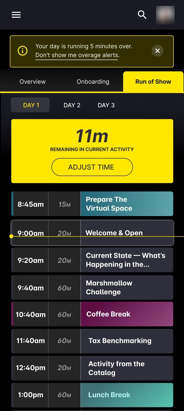 Mobile run of show with a running-over alert, 11 minutes remaining and an Adjust Time button, scrollable