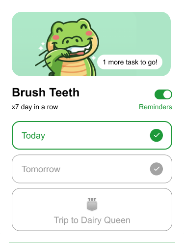 Brush Teeth task card with a crocodile mascot, a 7-day streak, reminders and a Dairy Queen reward
