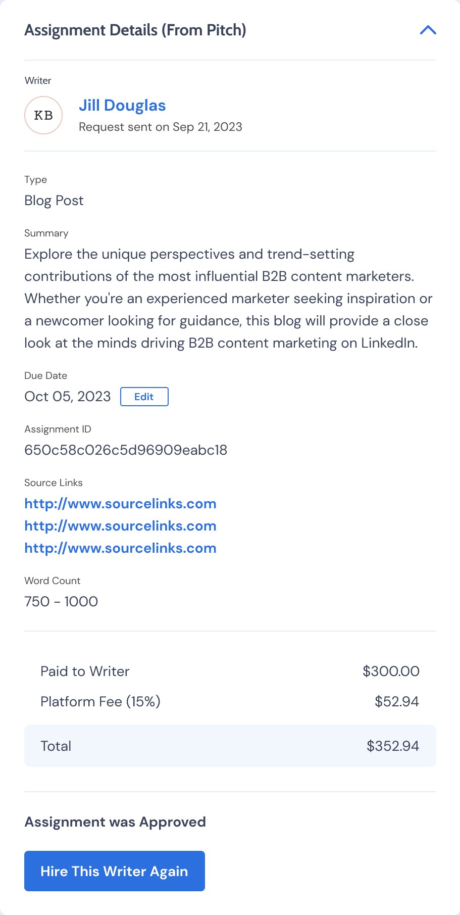 Assignment details from the pitch with writer, summary, due date, links and pricing breakdown