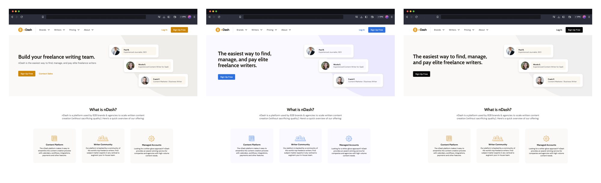 Three early homepage directions in orange, blue and black