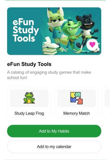 eFun Study Tools catalog of study games with Add to My Habits