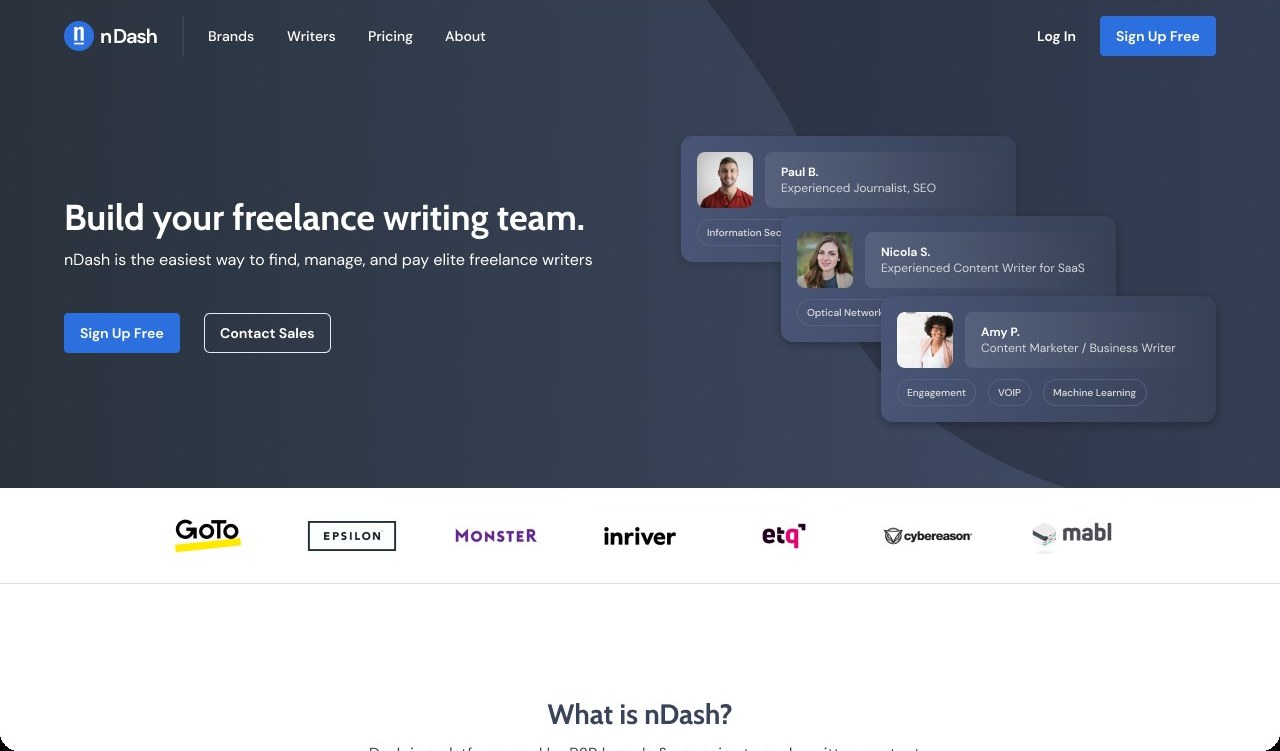 nDash homepage hero with stacked writer profile cards