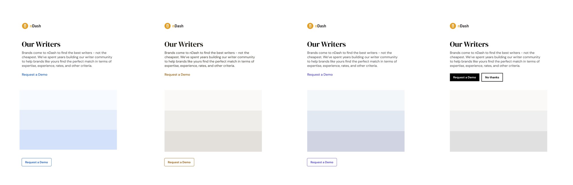 Four early palette tests for an Our Writers section in blue, warm tan, periwinkle and black