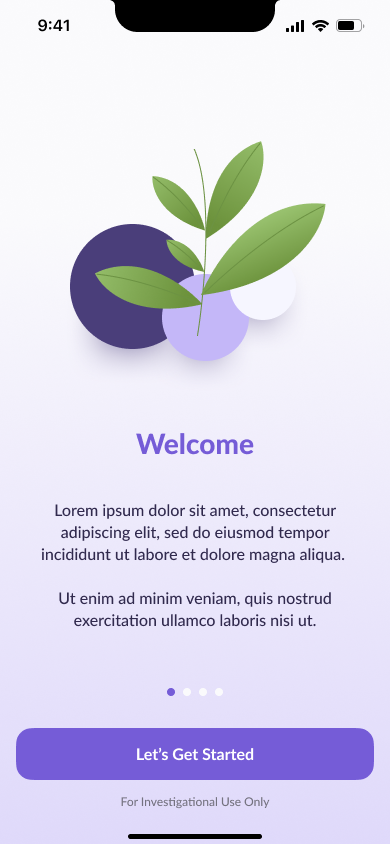 Organic welcome screen with a leafy plant on purple circles